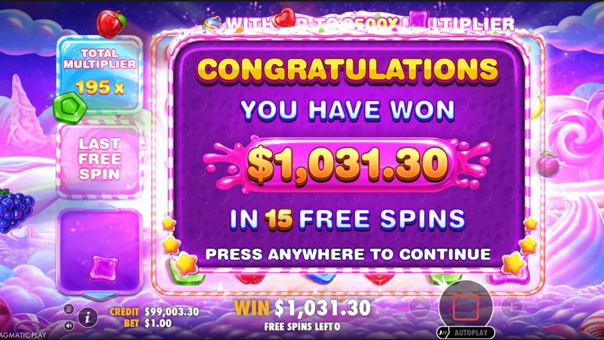 Tampilan visual ceria dan penuh warna dari slot Sweet Bonanza 2500 dengan simbol permen dan buah-buahan.